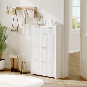 Narrow Shoe Storage Cabinet with 3 Flip Drawers & 2 Top Drawers – Farmhouse Fluted Wooden Shoe Organizer for Entryway, Hallway - 1 of 4