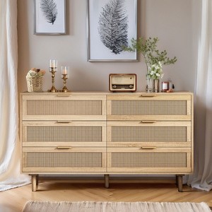 6 Drawer Dresser Rattan Dresser Modern Chest with Drawers, Wood Storage Closet Dressers Chest of Drawers for Bedroom,Living Room,Hallway - 1 of 4
