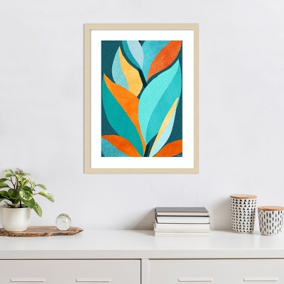 Abstract Tropical Foliage Blue and Orange Wood Framed Wall Art