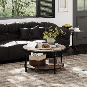 2-Tier Round Wood Coffee Table with Storage Shelf, Rustic Circle Center Table with Roman Column Metal Frame for Living Room, Brown - 1 of 4
