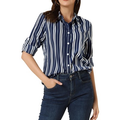 INSPIRE CHIC Women's Striped Button Down Roll-up Long Sleeves Point Collar Shirt