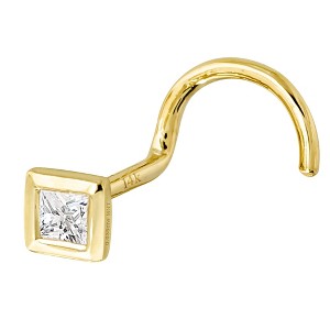 Jewelry Avalanche Bezel Set Princess Cut Moissanite Nose Screw Nose Stud, Solid 14K Gold, 22G - 1 of 4
