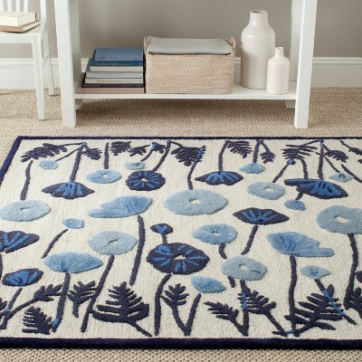 Blue Floral Handmade Wool and Viscose 4' x 6' Tufted Rug