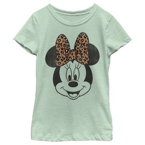 Girl's Mickey & Friends Mickey & Minnie Mouse Cheetah Print Bow T-Shirt - 1 of 3