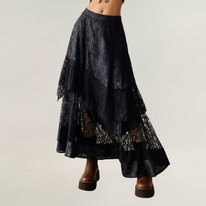 Anna-Kaci Women's Layered Lace Asymmetrical Maxi Skirt with Sheer Panels and Flowing Hem - 1 of 4