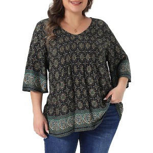 Women's Plus Size Bohe Floral Print V Neck 3/4 Sleeve Dressy Casual Work Tunic Blouses - Agnes Orinda - 1 of 4