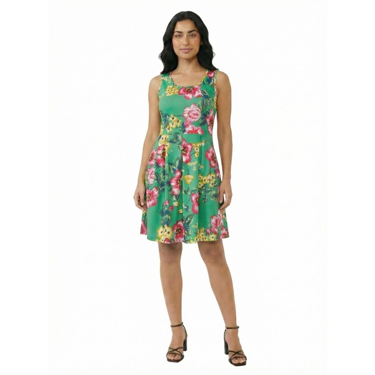 24seven Essential Petite Floral Sleeveless Pleated Pocket Fit N Flare Dress