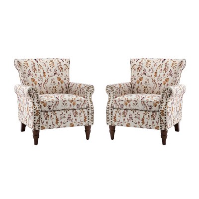 Set of 2 Araceli Traditional Wooden Upholstered Floral Armchair with Wingback and Nailhead Trim | ARTFUL LIVING DESIGN
