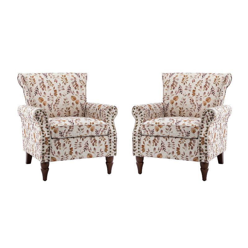Set of 2 Araceli Traditional Wooden Upholstered Floral Armchair with Wingback and Nailhead Trim | ARTFUL LIVING DESIGN, 1 of 11