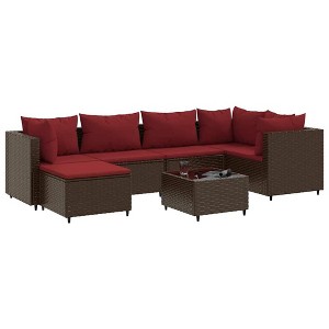 vidaXL 7 Piece Patio Lounge Set with Cushions - Brown Poly Rattan, Powder-Coated Steel, Tempered Glass Table, Modular Design - Indoor/Outdoor Use - 1 of 4
