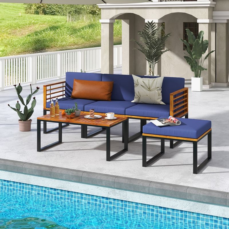 Costway 5 Piece Patio Chair Set, Acacia Wood Chair Set with Ottoman & Coffee Table, 1 of 10