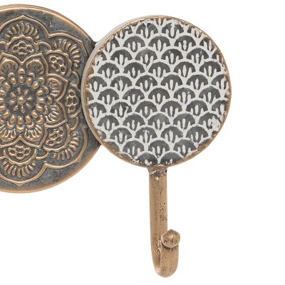 Distressed Bronze and White Metal Wall Hook with Patterns