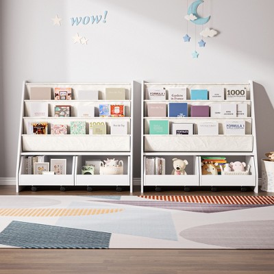 Kids Bookshelf and Toy Storage Organizer, Multifunctional 4 Tier Wooden Kids Book Shelf with Bookcase Display Stand in Kids Room