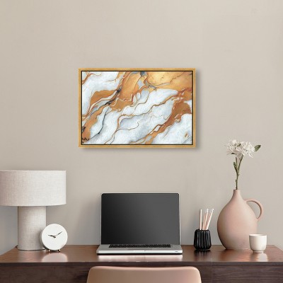 Gold and White Marble Abstract Canvas Wall Art with Gold Frame, 24" x 16"