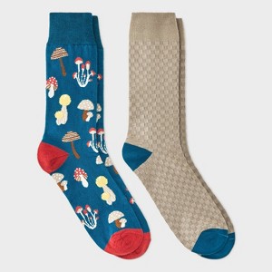 Men's Mushroom Print Novelty Crew Socks 2pk - Goodfellow & Co™ Teal Green 7-12 - 1 of 3
