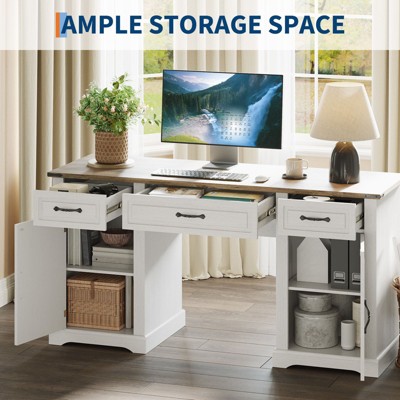 60" Executive Desk with Drawers, Farmhouse Home Office Desk with Storage Cabinets, Wood Workstation Computer Desks for Home, Study, Work