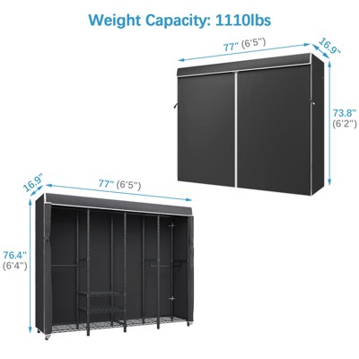 Black Iron Freestanding Closet with Adjustable Shelves and Cover