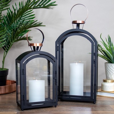 Set of 2 Black Metal Lanterns with Copper Handles