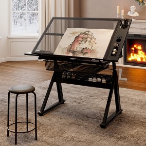 Glass and Metal Hand Crank Adjustable Drafting Table with Chair and Storage Space - 1 of 4