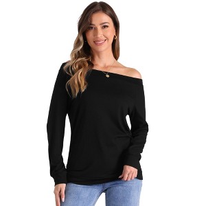 Allegra K Women's Off Shoulder Boat Neck Stretch Knit Long Sleeve Tunics Blouse - 1 of 4