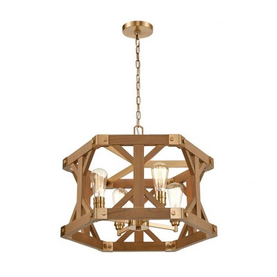 Medium Oak and Satin Brass 4-Light Chandelier