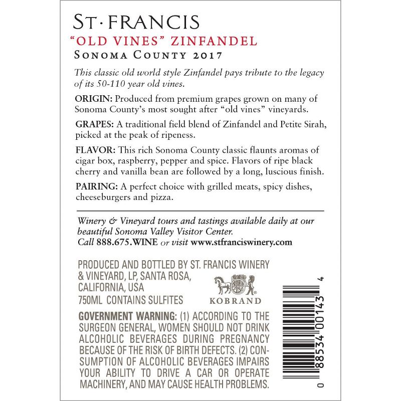 St. Francis Old Vines Zinfandel Wine - 750ml Bottle, 4 of 9