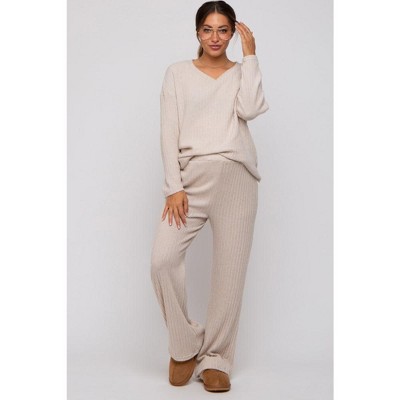 PinkBlush Beige Ribbed Soft Knit Long Sleeve Maternity Pajama Set
