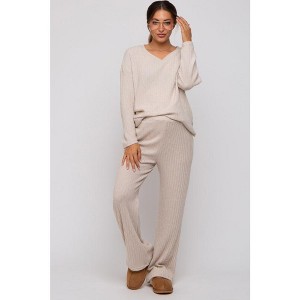 PinkBlush Beige Ribbed Soft Knit Long Sleeve Maternity Pajama Set - 1 of 4