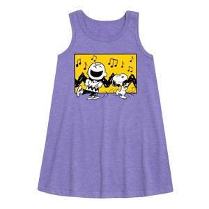 Girls' - Peanuts - Charlie And Snoopy Dance Time Graphic Sleeveless Aline Dress - 1 of 4