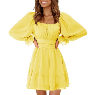 EXLURA Women's 2025 Casual Long Lantern Sleeve Dresses Square Neck Ruffle Tie Back Elastic Waist Aline Short Mini Dress