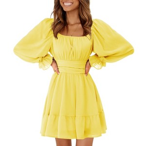 EXLURA Women's 2025 Casual Long Lantern Sleeve Dresses Square Neck Ruffle Tie Back Elastic Waist Aline Short Mini Dress - 1 of 4