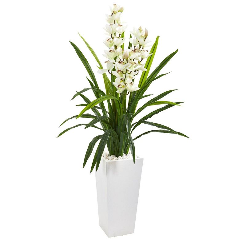 Nearly Natural 4.5-ft Cymbidium Orchid Artificial Plant in White Tower Planter, 1 of 2