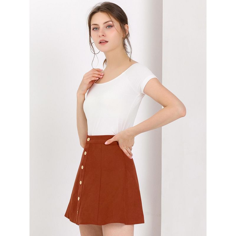 Allegra K Women's Faux Suede Button Front A-Line High Waisted Mini Short Skirt, 3 of 7