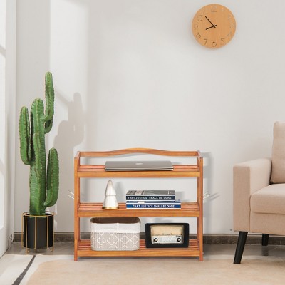 Reddish Brown 3-Tier Acacia Wood Shoe Rack with Metal Hooks