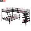 Metal Triple Bunk Bed, L Shaped Bunk Bed for 3 Kids, Twin over Full Bunk Bed and Twin Size Loft Bed with Four Built-in Shelves, Black - 2 of 4
