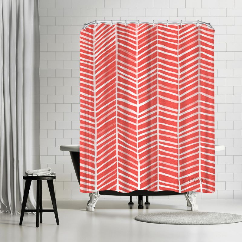Americanflat 71" x 74" Shower Curtain, Coral Herring Bone by Cat Coquillette, 1 of 9