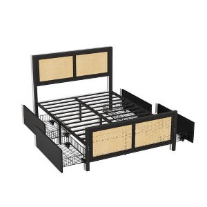 COZONY LED Headboard Platform Bed with 4 Drawers, Boho Cane Design Metal Slat Support No Box Spring Needed - 1 of 4