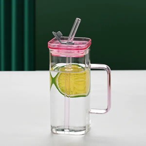 Glass Straw Cup, Square Glass Cup W/ Straw And Lid, High Borosilicate Glass Cup, Milk Cup, Juice Cup, Cold Drink Cup, Coffee Cup - 1 of 4