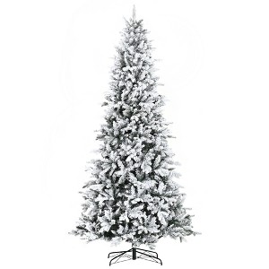 HOMCOM 9 FEET Pine Snow Flocked Artificial Christmas Tree with 616 Realistic Cedar Branches, Auto Open, Home Holiday Decoration, Green - 1 of 4