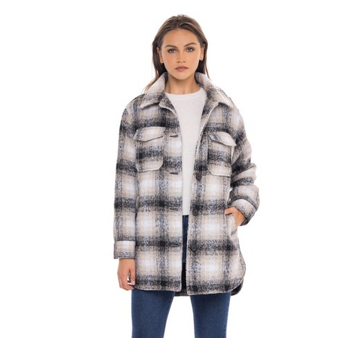 L New Plaid Flannel Shacket Shirt Jacket Button Front Top Coat Womens LARGE