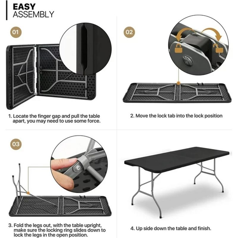 SKONYON 6ft Folding Table, Portable Plastic Tables Black, 4 of 8