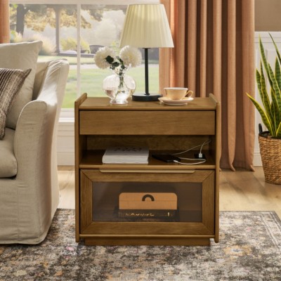 Nightstand with Charging Station with Two Drawers and Glass Cabinet Open Shelf with Outlet Hole for Bedroom Living Room or Dorm-The Pop Home