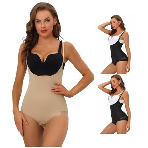 INSPIRE CHIC Women's Mesh Tummy Control Full Shapewear Slimming Adjustable Straps Open Bust Leotard 3 Packs - 1 of 4