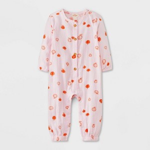 Baby Halloween Long Sleeve Gauze Pumpkin Romper - Cat & Jack™ Pink - 1 of 4