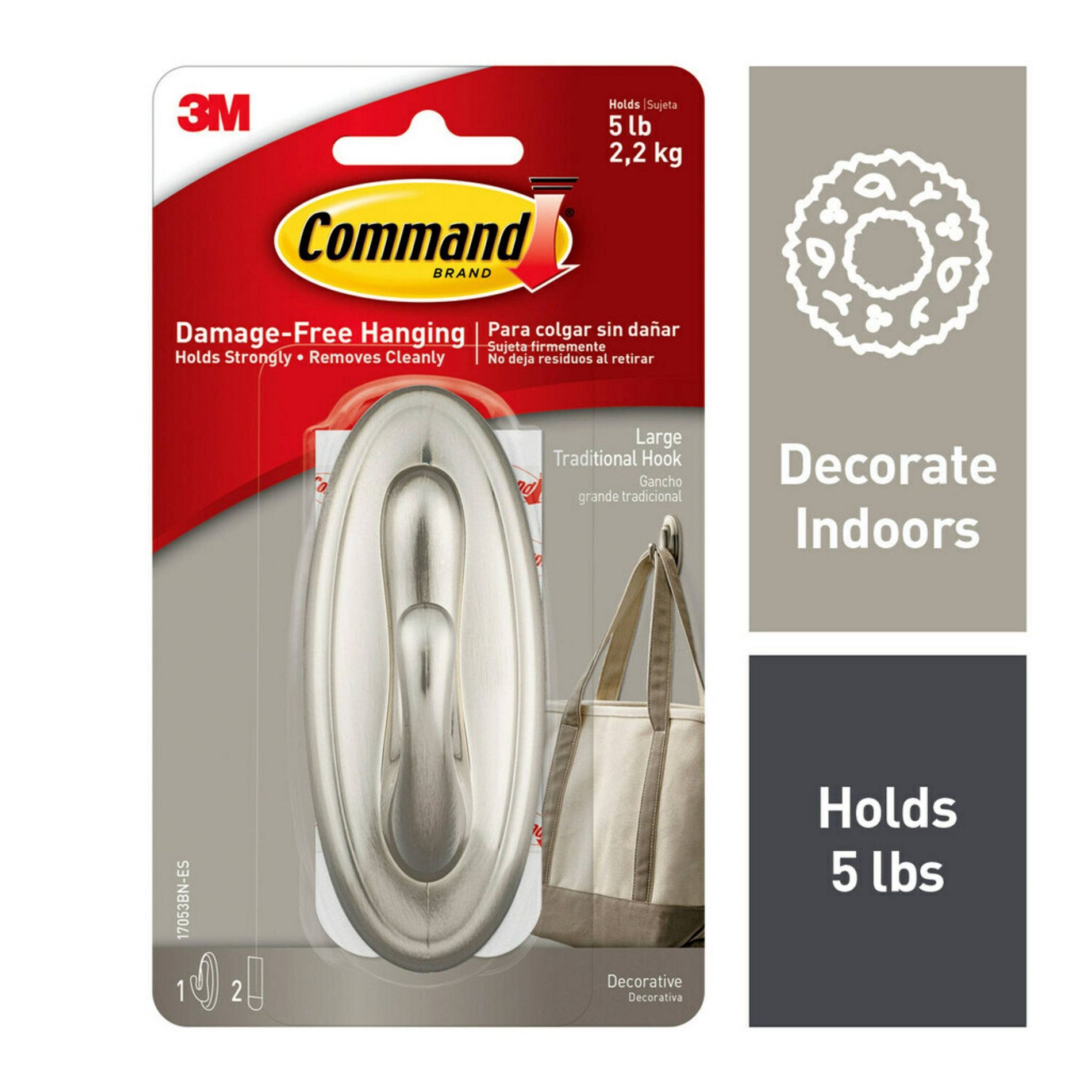 Command Large Sized Traditional Decorative Hook Nickel: Heavy Duty Wall Hook, 5 lb Capacity, Silver Finish