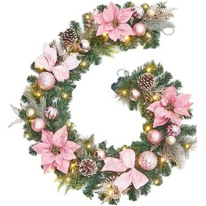 6 ft Pink Christmas Garland with 20 LED Lights,Prelit Xmas Garland for Mantle with Timer Poinsettia Flowers - 1 of 4