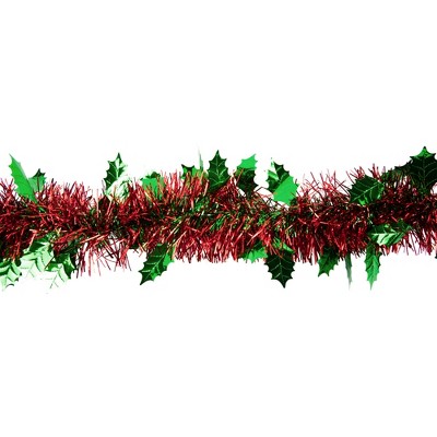 Northlight 12' X 4" Unlit Shiny Red Tinsel With Green Holly Leaves ...