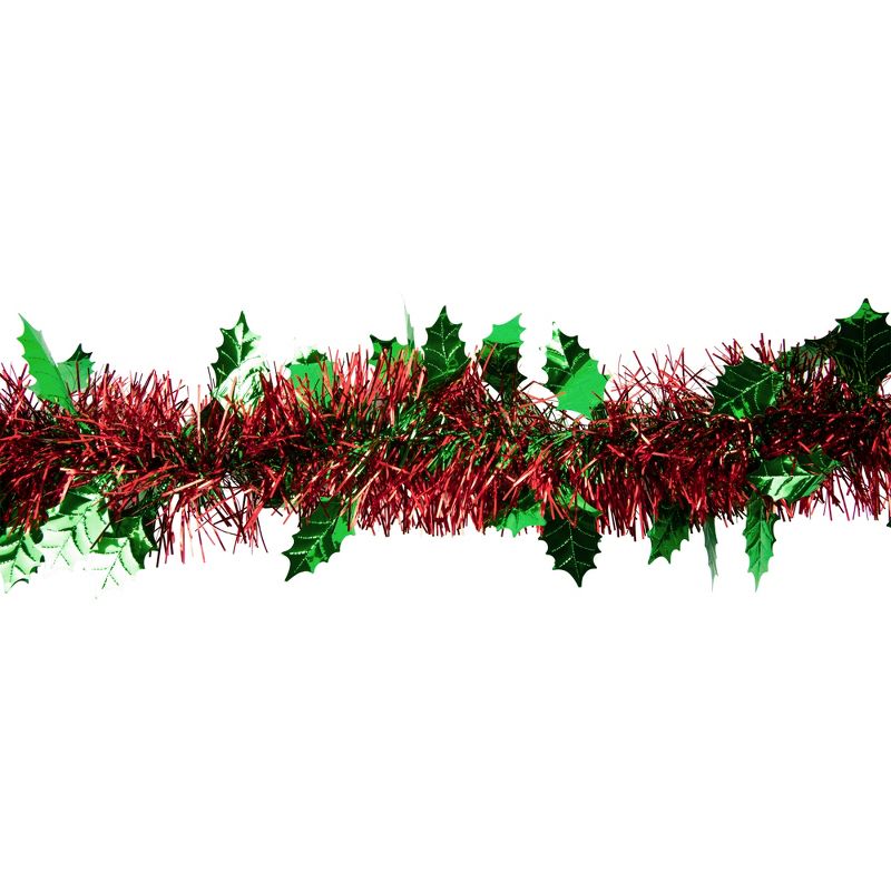 Northlight 12' x 4" Unlit Shiny Red Tinsel with Green Holly Leaves Christmas Garland, 3 of 6