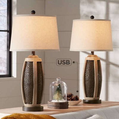 Rustic Bronze and Wood Table Lamps with USB Ports, Set of 2
