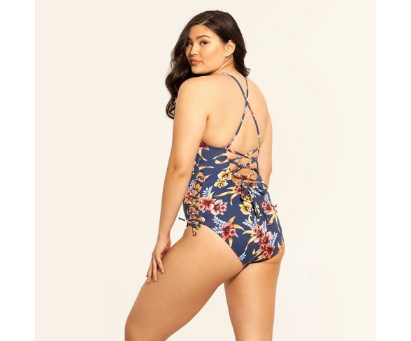 Women's Slimming Control Lace-Up One Piece Swimsuits - Beach Betty by Miracle Brands Navy Floral S